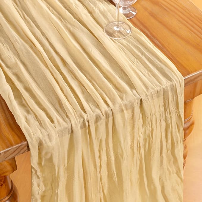 DeZerlor Champagne Gold Cheesecloth Table Runner 6 Pack Spring Easter Table Runners Boho Gauze 120 Inches Champagne Cheese Cloth Table Decor for Wedding Bridal Baby Shower Parties