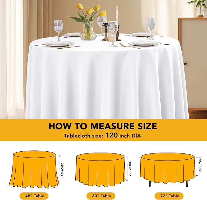 6-Pack White Round Tablecloths, 120 Inches, Stain-Resistant Polyester for 5-6 Ft Round Tables - Washable Table Covers for Weddings, Banquets, Birthday, Parties, Events