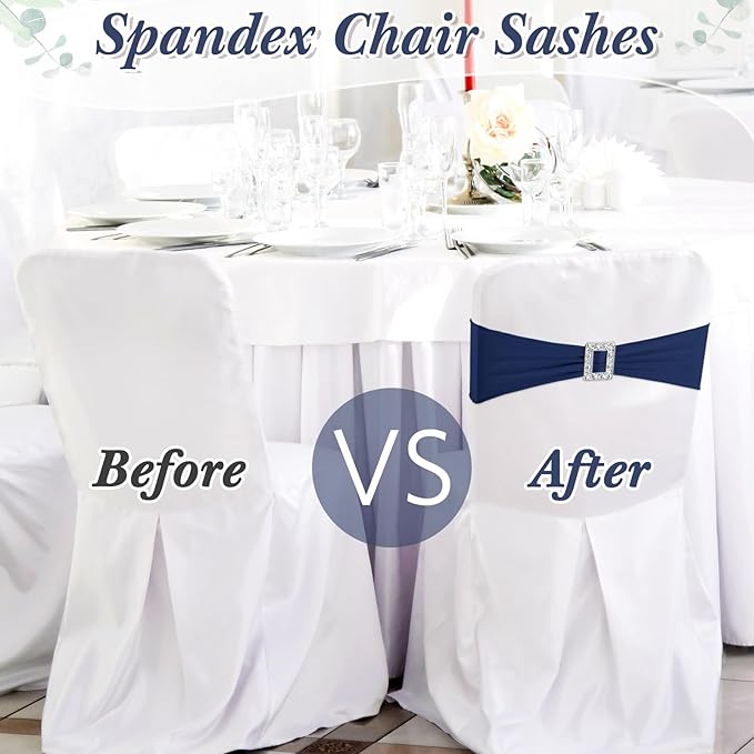 VitalCozy 150 Pcs Spandex Chair Sashes with Square Buckle Slider Stretch Chair Cover Band Universal Elastic Ties Straps Bows for Wedding Banquet Event Party Decoration(Navy Blue)