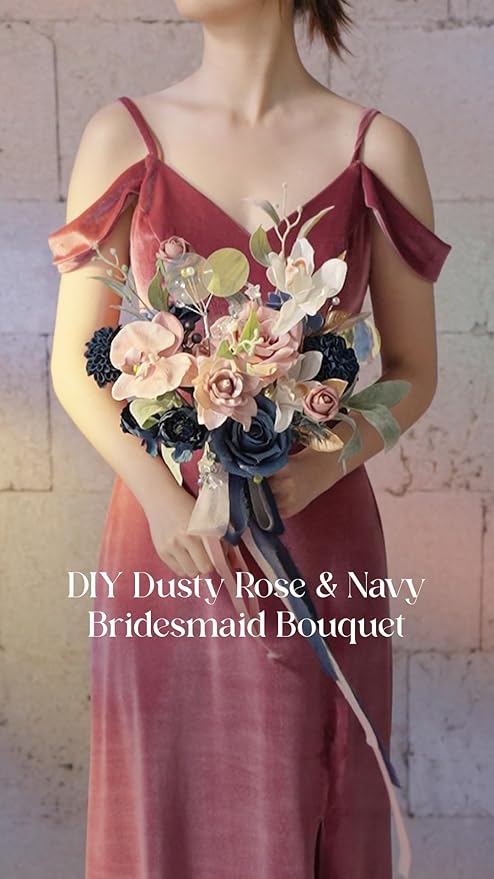 Ling's moment Fake Flowers Box, Faux Artificial Greenery Stems Foam Roses Silk Orchid Ranunculus Fabic Flower for Centerpieces Bouquet Wedding Vase Decorations, Dusty Rose & Navy, Grand Combo