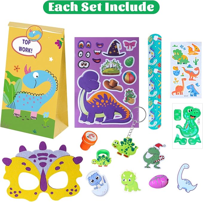 Dinosaur Party Favors for Kids -12 Pack Dinosaur Gift Bags with Masks, Stamps, Stickers, Keychains, Dinosaur Eggs & Rings, Dinosaur Birthday Party Supplies, Goodie Bag Stuffers