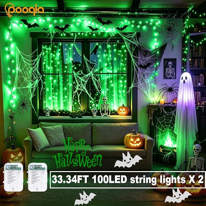 Pooqla 2 Pack String Lights Battery Operated, Total 66.6ft 200 LED Fairy Lights Indoor Outdoor Decorations, 8 Modes Green Battery Lights for Halloween Christmas Bedroom Porch Party Yard Decor