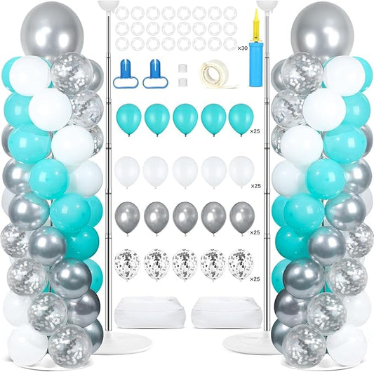 2 Sets Teal Blue Silver White Balloon Column Stand Kit with 102 Balloons Adjustable Balloon Tower Stand with Bases for Floor Confetti Silver Balloons Column Kit for Graduation Birthday Party Decor