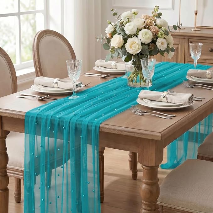 Artoid Mode Pearl Teal Gauze Table Runner 120 Inch 10FT, Seasonal Sheer Dining Holiday Wedding Birthday Baby Shower Table Decor for Home Party