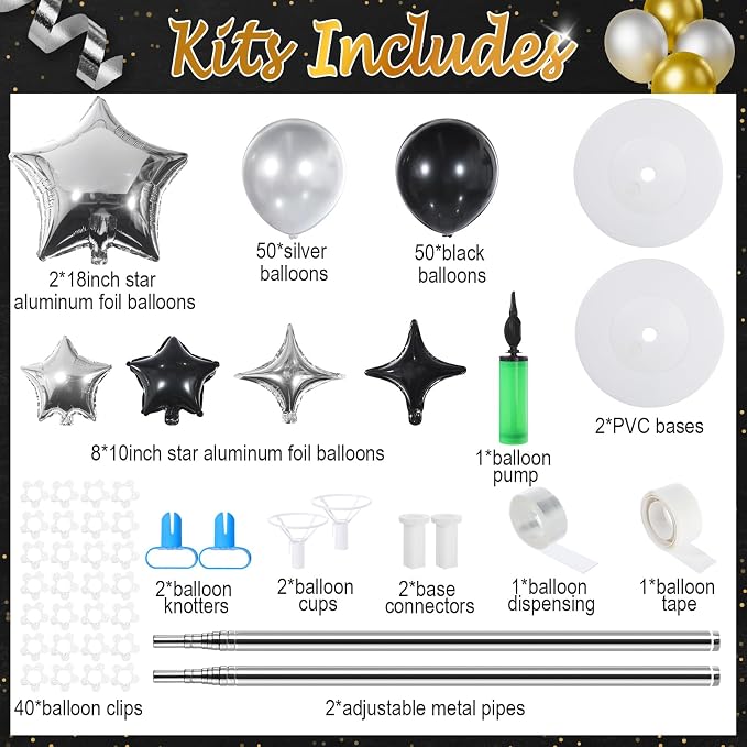 Gejoy 110 Pcs Black Silver Balloons Column Stand Kit Adjustable Tower Stand from 1.4 to 6.6 ft with Bases for Back to School Wedding Birthday Baby Shower Party