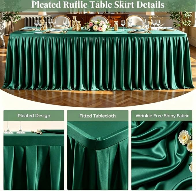 1 Pack Green Satin Tablecloths Rectangle 6FT, Glitter Spandex Fitted Stretch Table Covers Wrinkle-Free Floor Length Shimmer Table Skirt for Weddings Parties Baby Shower Banquets Vendor Events