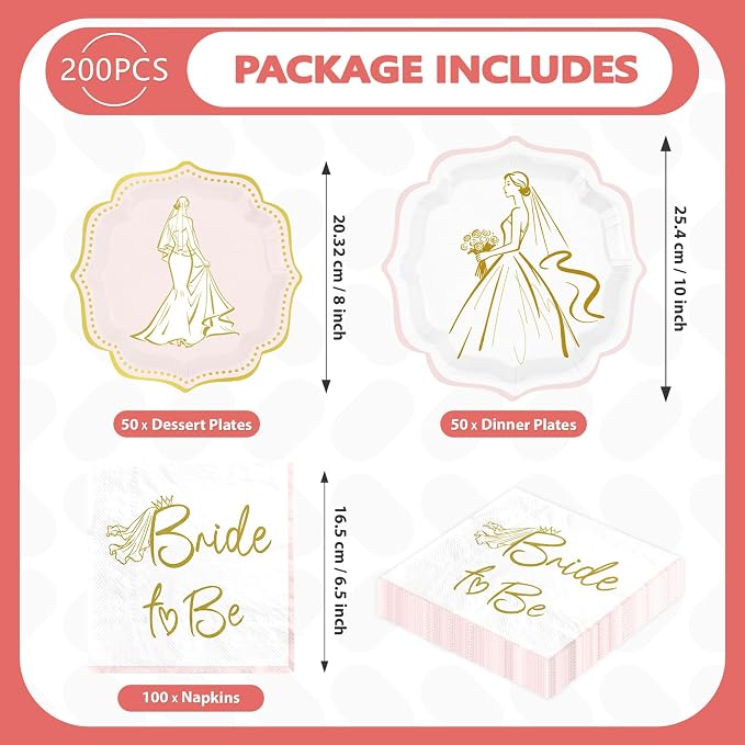 200Pcs Bridal Shower Party Decorations Bride To Be Plates and Napkins White Pink Gold Scalloped Disposable Tableware Set for Wedding Engagement Bachelorette Party Supplies Serves 50