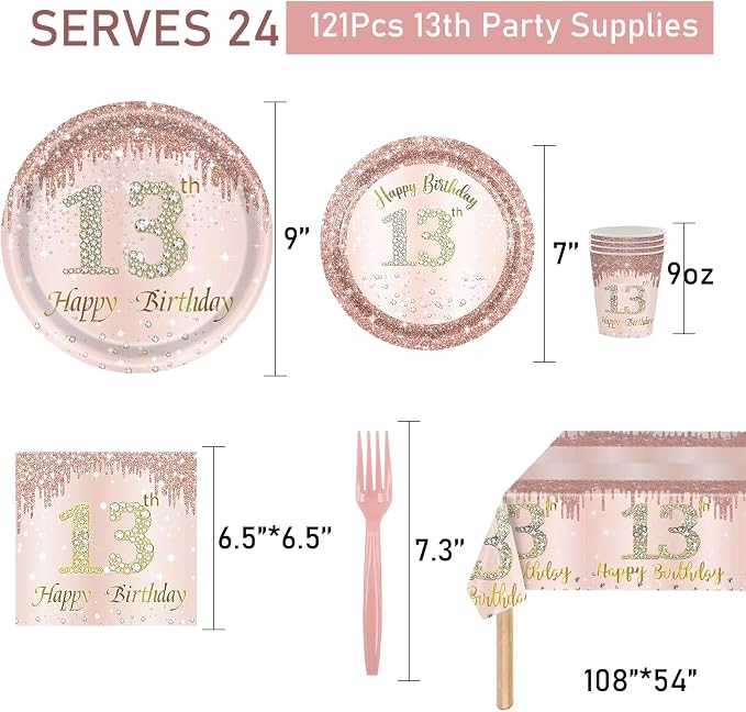 121Pcs 13th Birthday Party Supplies Plates Napkins Cups Forks Tablecloth Rose Gold Happy 13th Birthday Themed Disposable Tableware Decorations Serves 24 Guests for Girls Her 13 Years