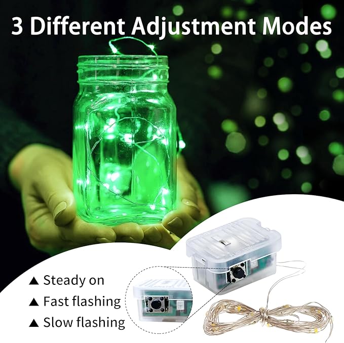 50 Pack Green Fairy Lights 7Ft 20 LED Twinkle String Lights 3 Modes Battery Operated Waterproof Firefly Starry for Mason Jar Table Centerpieces Halloween Christmas St. Patrick's Day