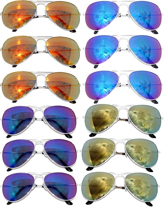 OWL 12 Pack Bulk Aviator Sunglasses Metal Gold, Silver, Black Frame for Men Women Party Glasses