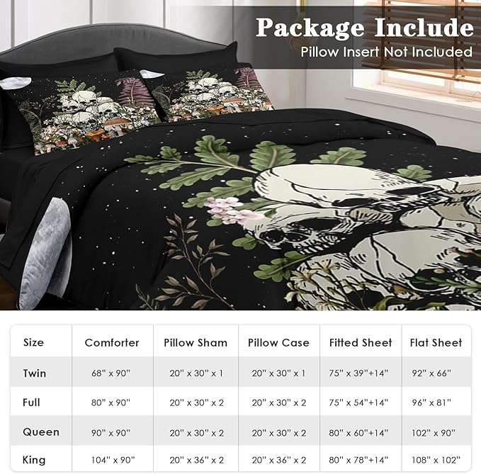 Pamnest Comforter Set King Size, Mushroom Plant 7 Pcs Bedding for Kids and Adults, Skeleton Spooky Retro Bed Sheet Sets with Fitted Sheet 2 Pillowcases & 2 Shams for Bedroom Bed Decor