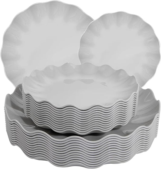 LIYH 24 Pcs Plastic Grey Scalloped Plates Reusable, Unbreakable Dinner Plate and Salad Plate, Dishwasher Safe Outside Plates for Parties, Picnics 12 Guests