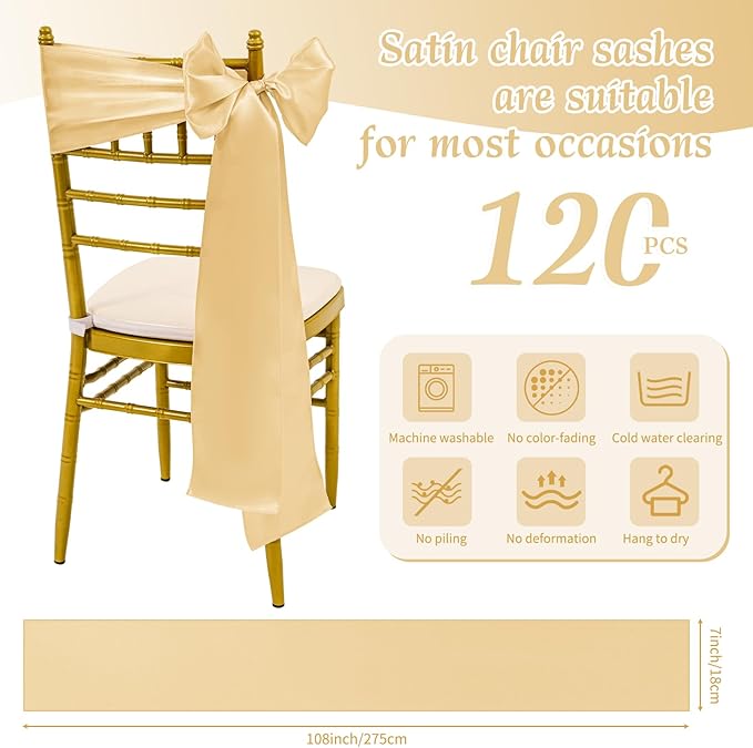 120 PCS Champagne Satin Chair Sashes, Ties Bows Designed Sashes for Washable Reusable Chair Covers Supplies for Wedding Reception Events Banquets Party Hotel Event Aisle Decorations (7 x 108 inch)