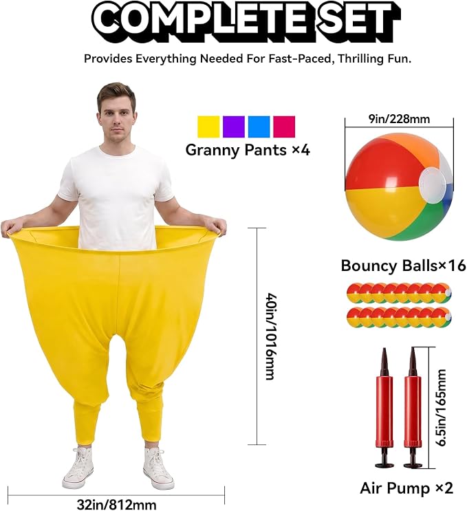 Granny Pants Party Game Set for 8+ Players, 4-Color Team Backyard Yard Games with 16 Bouncy Balls & 2 Pumps – Funny Outdoor Field Day Tossing Games for Adults Kids Family Reunion BBQ Brithday Party