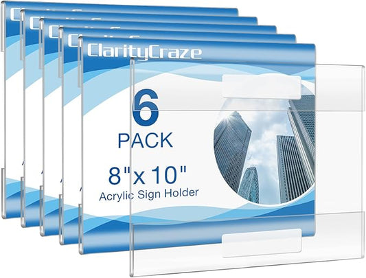 6 Pack Acrylic Wall Sign Holder, 10 "x8 Horizontal Wall Mount Clear Plastic Sign Holder with Tape, Acrylic Memo Document Menu Holder Office, Home, Store, Restaurant