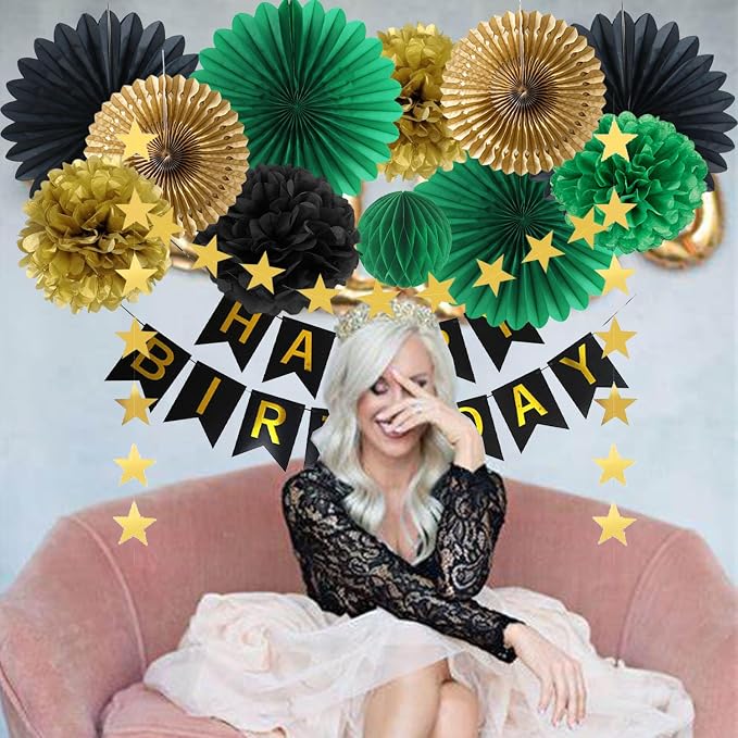 Green Black Gold Birthday Decorations with Happy Birthday Banner Hanging Paper Fans Pom Poms Gold Star Garlands for Men Women Green Black Birthday Decorations
