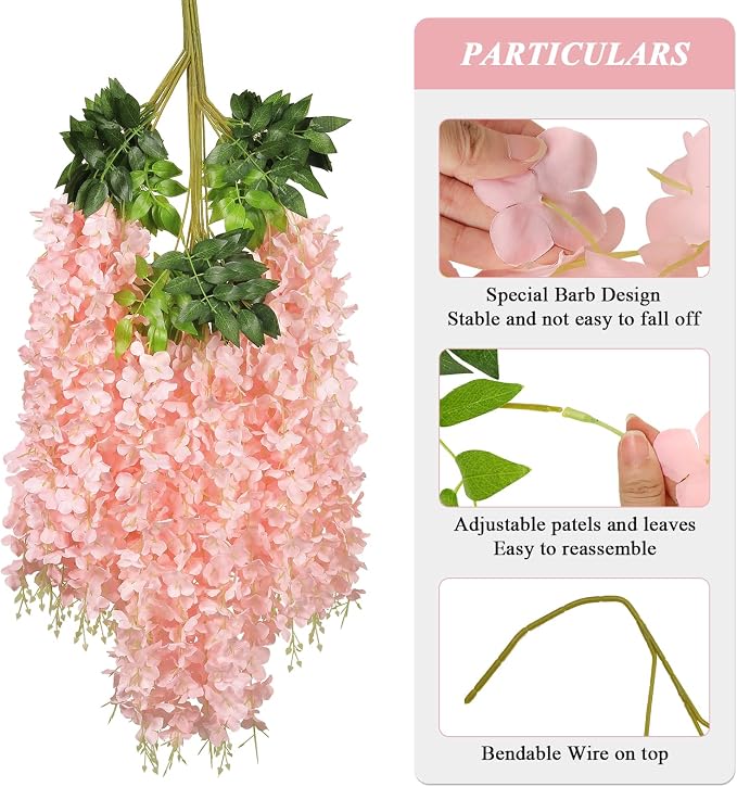 Pauwer Wisteria Hanging Flowers 24 Pack Fake Flower Garland Artificial Wisteria Vines Rattan Silk Flower String Wedding Party Wall Decorations,Blush Pink