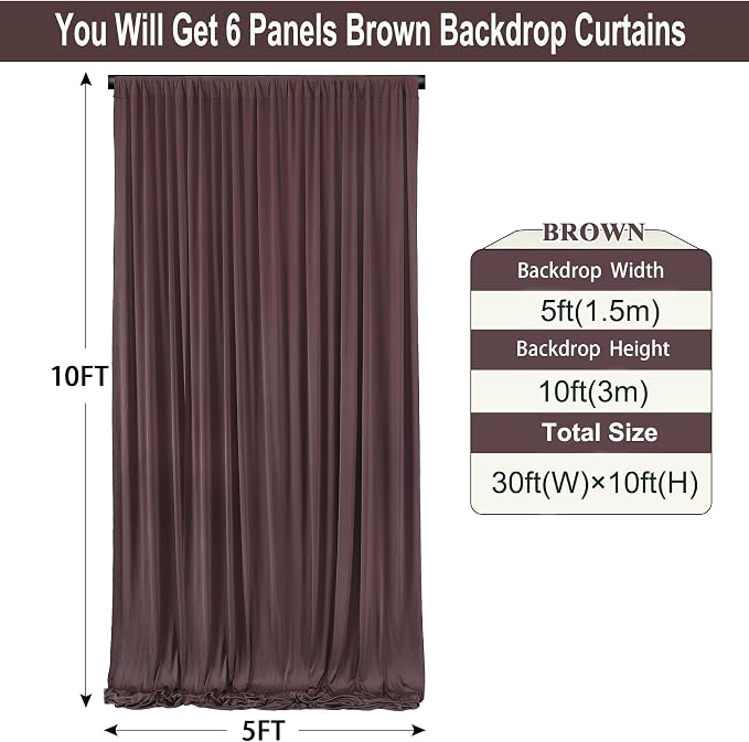 30ft×10ft Wrinkle Free Brown Backdrop Curtain for Parties, 6 Panels 5×10ft Soft Silky Polyester Umber Photo Backdrop Drapes for Teddy Bear Bee Birthday Party Baby Party Wedding Photography