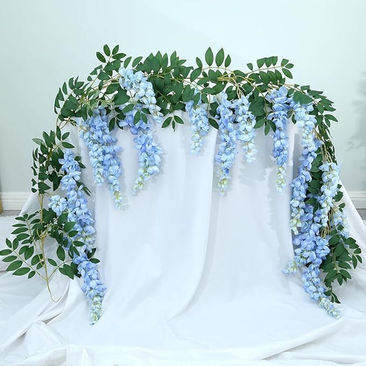 1pc/2pcs Encrypted Flower Vine Wisteria Artificial Flowers Garland,White Wisteria Hanging Flowers Flower Garland Decorations for Home Garden Outdoor Ceremony Wedding Arch Decoration (Blue, 1pc)