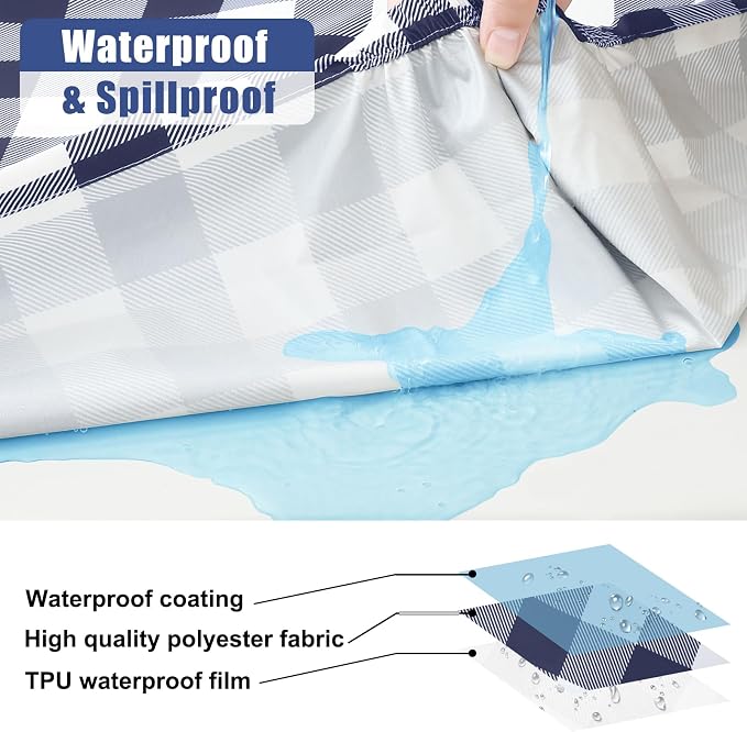 Smiry Picnic Table Cloth 4 Pack, Waterproof Elastic Fitted Tablecloths for 6FT Rectangle Tables, Washable Polyester Buffalo Plaid Tablecloth for Camping, Dining & Outdoor (Navy & White, 30" x 72")