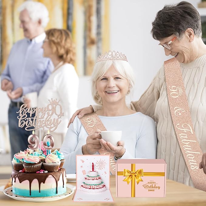90th Birthday Decorations for Women, Include 90th Birthday Sash and Tiara, Cake Topper and Candles, Number Balloons, 3D Pop Up Greeting Card, 90 Year Old Gifts Women