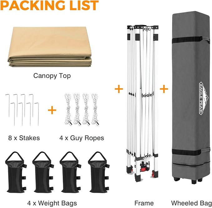 EAGLE PEAK Pop Up Canopy Tent with Wheeled Carry Bag, 8 Stakes, 4 Ropes, 4 Weight Bags, Easy Set Up Tent Canopy, 10x10 ft, 100sqft of Shade, Beige