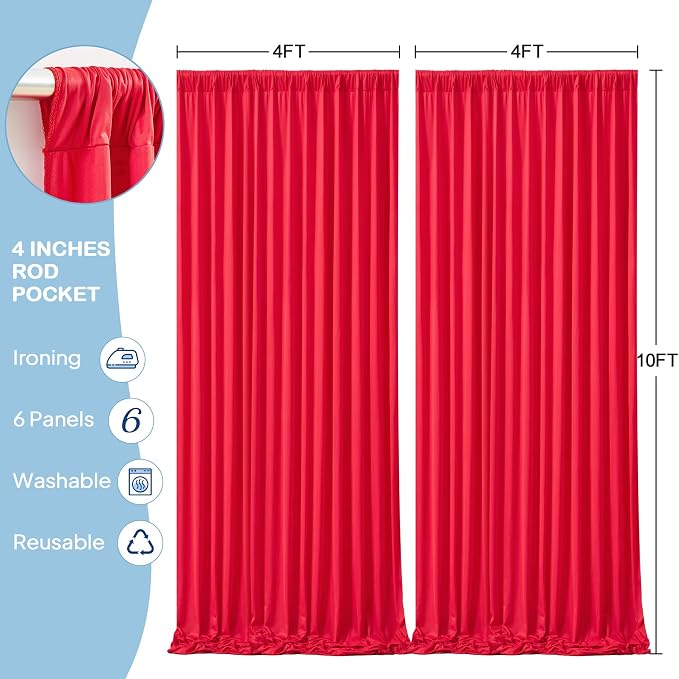 6 Panels Red Backdrop Curtains - Wrinkle Free Fabric Backdrop Curtain for Photoshoot, 10FT Wedding Party Photo Backdrop Drapes for Birthday Baby Shower Photography Stage Background Decorations