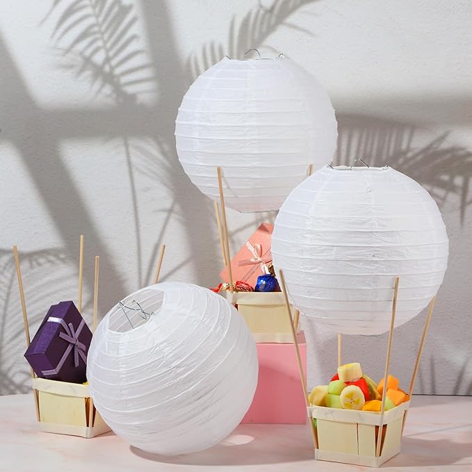 Namalu 24 Set Hot Air Balloon Table Centerpieces Baby Shower Party Decoration Paper Lanterns with Wooden Basket Sticks for Summer Birthday School DIY Craft(White)