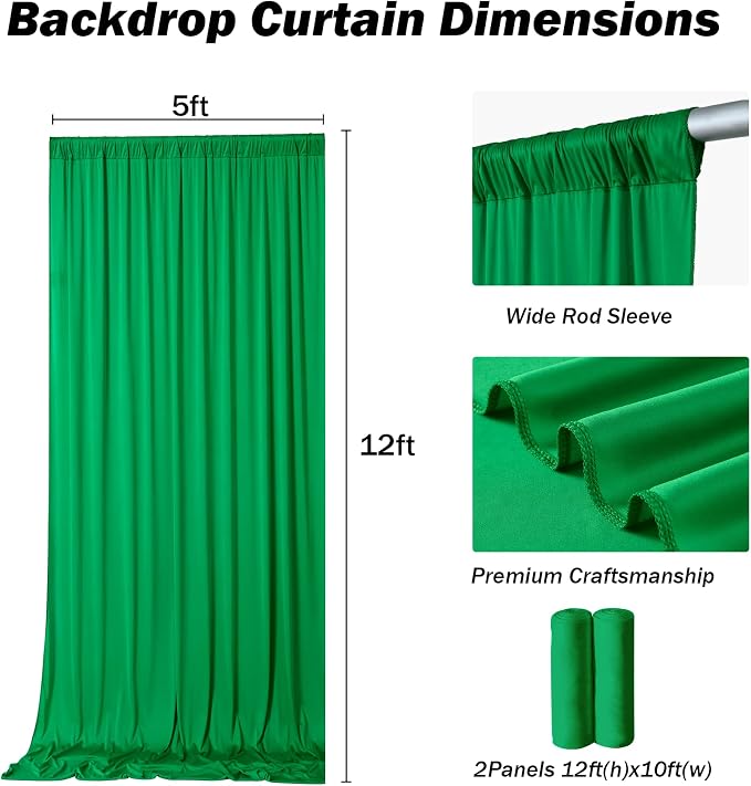 10ft×12ft Green Backdrop Curtains for Wedding Parties, 2 Panels Wrinkle Free Polyester Photo Backdrop Drapes Back Drop Cloth for Birthday Photography Background