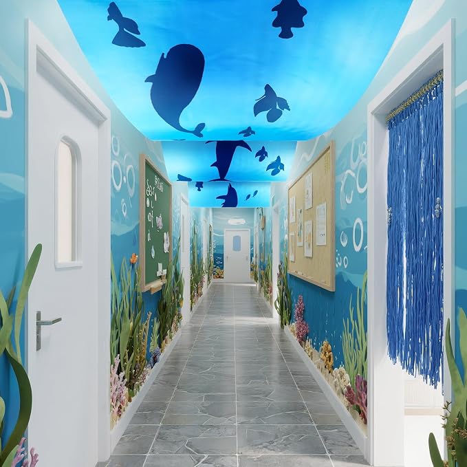 VioraWhite 3 Pcs 24 Inch x 12 ft Under The Ocean Classroom Ceiling Decorations Summer Whale Birthday Party Decorations Shark Banners Sea Ceiling Covers for Preschool Kindergarden Daycare Classroom