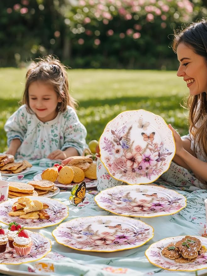 WDF 20Pack Spring Plates Flower- Baroque Fancy Butterfly Plates Disposable - 10’’ and 7’’ Floral plastic tableware Decoration Suitable for Spring Garden Party/Tea Party/Birthday