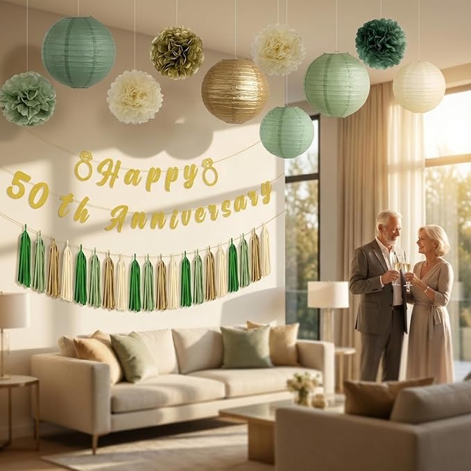 50th Anniversary Decorations, 21PCS Happy 50th Anniversary Party Banners Pompoms Paper Lanterns Tassels Decor Set, Cheers to 50 Years Wedding Celebration Party Supplies for Dad Mom