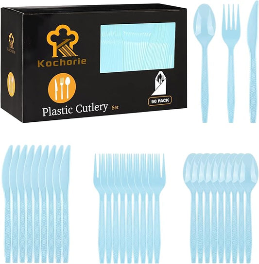 Kochorie 90 Pieces Light Blue Plastic Cutlery Set Disposable Plastic Utensils Heavy Duty Flatware Set Includes 30 Knives 30 Forks 30 Spoons for Wedding Birthday Baby Shower Party Supplies