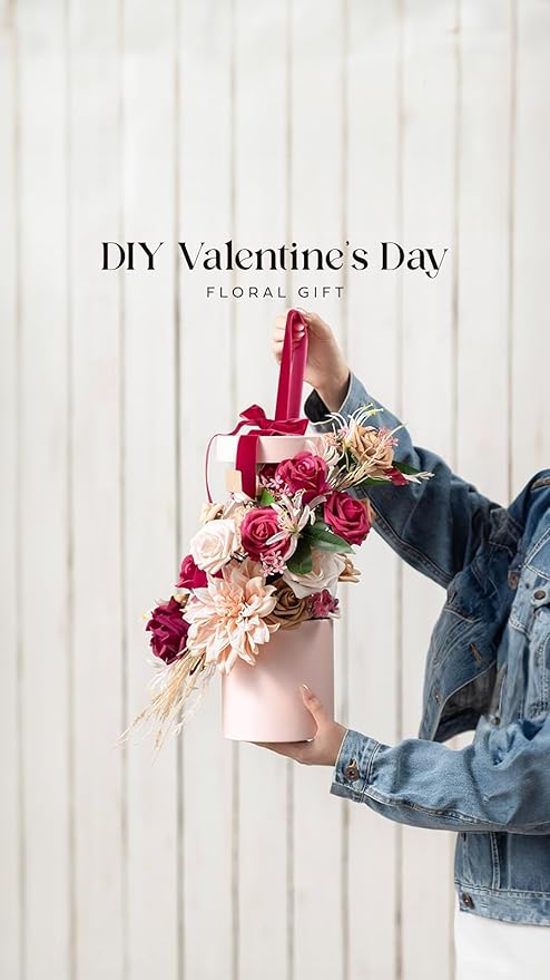 Ling's moment Fake Flowers Box, Faux Artificial Greenery Stems Foam Dahlia Gardenia Roses Silk Hydrangea Ranunculus Fabic Flower for Centerpieces Bouquet Wedding Vase, Hot Pink & Blush, Deluxe Combo