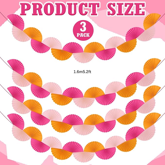 3 Pack Red Pink Orange Party Decorations Paper Fans Garland 15.6ft Background Ceiling Hanging Decorations for Sunset Soiree Wedding Birthday 3D Bachelorette Dawn Sunset Party Decoration