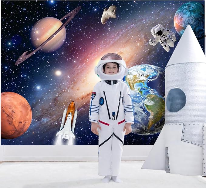 Outer Space Backdrop for Baby Kids,Astronauts Rockets Spaceship Universe Planets Background,Perfect for Children's Galaxy Themed Birthday Party Decorations Photo Banner (7X5 FT)