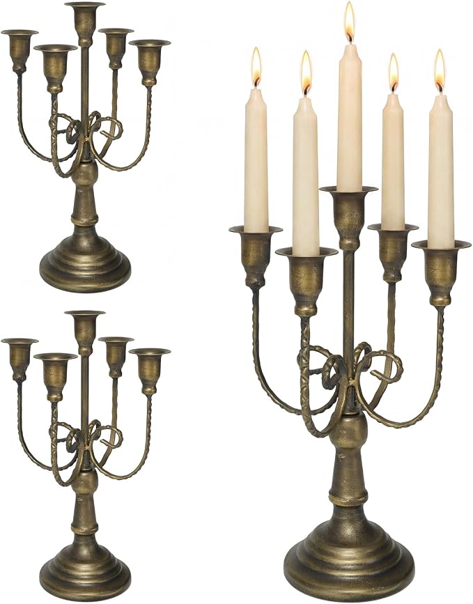 5 Arm Bronze Candelabra Candle Holder Set of 3, 11.7" Vintage Metal Candlestick Holders for Taper Candles Elegant Wedding Centerpiece Table Decor for Dining Room Fireplace Mantel Party Holiday Decor