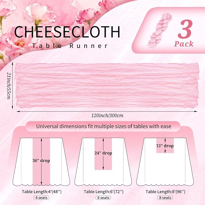 3 Pack Cheesecloth Table Runner 10FT Light Pink Table Runner Boho Gauze Cheese Cloth Table Runners Long Rustic Sheer Table Decorations for Wedding Party Baby Bridal Shower Birthday Holiday Home