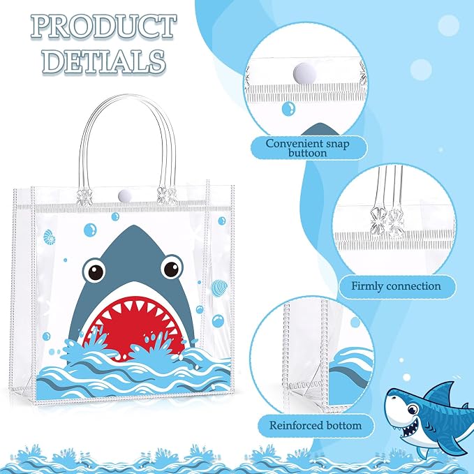 Hosuly 24 Pcs Shark Party Favor Bags with Handles, Clear PVC Blue Shark Candy Goodie Gift Bags for Summer Ocean Sea Baby Shower Birthday Party Favors Supplies, 7.9 x 7.9 x 3.1 Inch