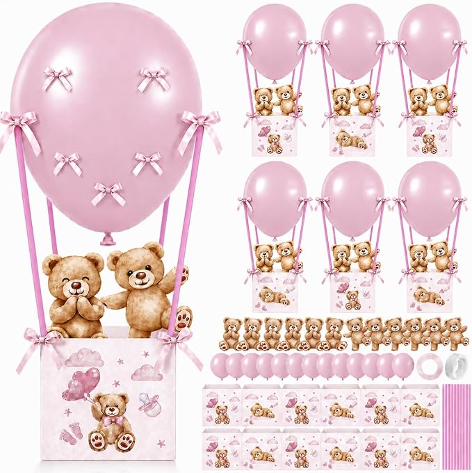 Cinrobiye 12 Sets Teddy Bear Baby Shower Centerpieces for Tables, Bear Favor Boxes with Balloons, Ribbons Paper Straws, DIY Table Decorations for Gender Reveal, Baby Shower, Birthday Party Supplies