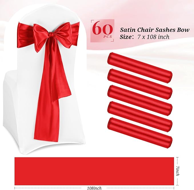 Pesonlook 60 PCS Red Satin Chair Sashes Bows Satin Chair Sashes Universal Chair Cover for Wedding Reception Restaurant Event Decoration Banquet,Party,Hotel Event Decorations (7 x 108 inch)