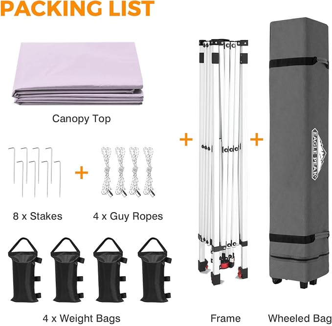 EAGLE PEAK Pop Up Canopy Tent with Wheeled Carry Bag, 8 Stakes, 4 Ropes, 4 Weight Bags, Easy Set Up Tent Canopy, 10x10 ft, 100sqft of Shade, Lilac
