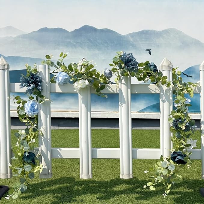 Artificial Flower Garland，6.5Ft Fake Dahlia Rose Flowers Garland Floral Eucalyptus Greenery Vine for Wedding Arch，Table Runner Centerpieces Backdrop Room Wall Hanging Plant Decor（Blue）