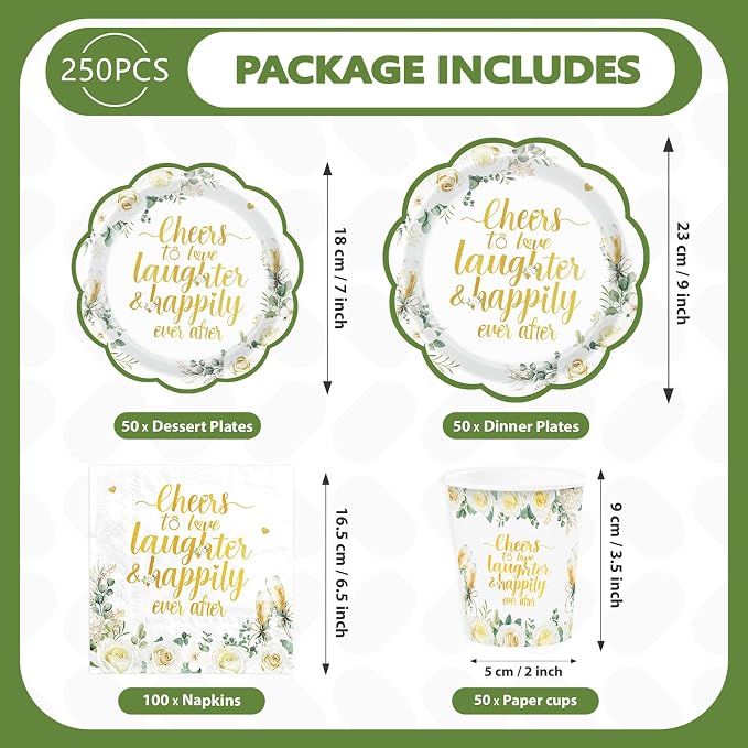 250Pcs Eucalyptus Leaves Bridal Shower Party Supplies Sage Green Cheers to Love Laughter and Happily Ever After Plates and Napkins for Wedding Engagement Party Decorations Serve 50