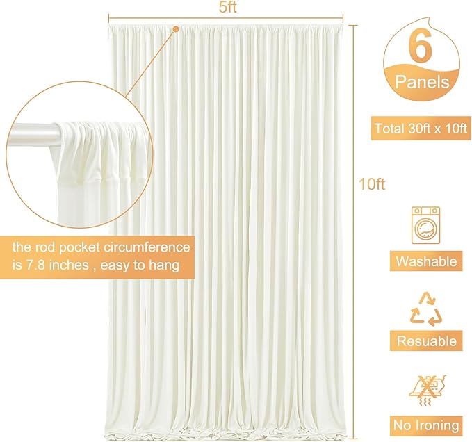 6 Panels Ivory Backdrop Curtain for Wedding Parties Wrinkle Free Ivory Photo Curtains Backdrop Drapes Fabric Decoration for Baby Shower Photoshoot 30ft(W) x 10ft(H)