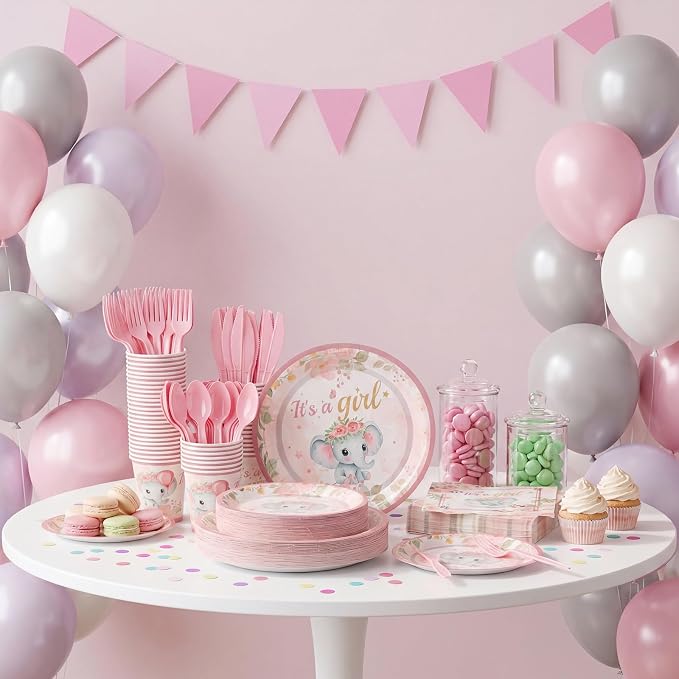 Ziliny 350 Pcs Elephant Themed Baby Shower Party Supplies Rainbow Paper Plates Napkins Cups and Plastic Cutlery Party Tableware Set for Baby Shower Birthday Decorations, Serves 50
