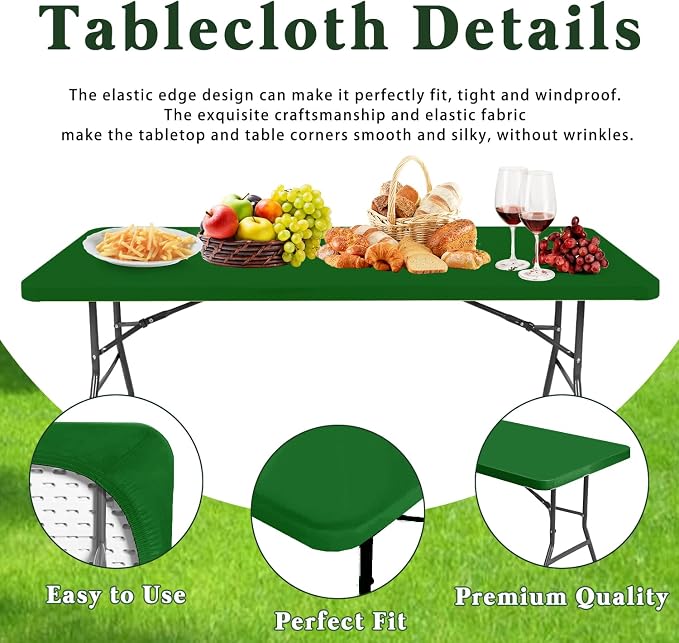 6 Pack Picnic Fitted Table Cover for 8 Foot Tablecloth for Rectangle Tables Waterproof Stretch Washable Folding Indoor and Outdoor Spandex Table Cloth for Camping Banquet and Parties (Green,30" x 96")