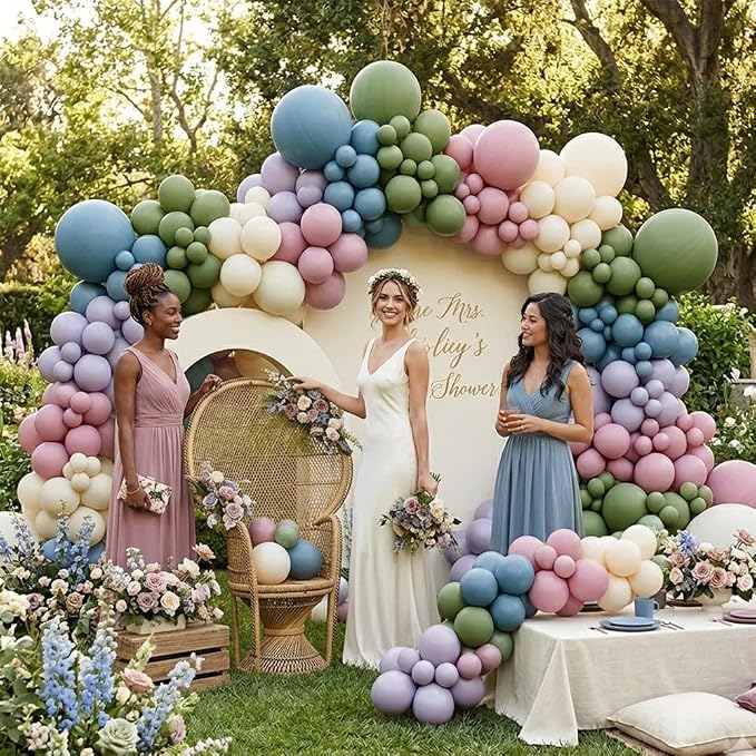 Blue Green Pink Balloon Garland Double Stuffed Sage Green Dusty Blue Pink Purple Lavender Balloons Pastel Balloon Arch Kit for Birthday Baby Shower Gender Reveal Flower Tea Party Decorations