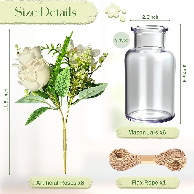 6-Pc Mason Jar Centerpieces for Tables with Artificial Roses – Farmhouse Wedding & Bridal Shower Table Decoration for Party Event Kitchen Bathroom Living Room（8.45oz