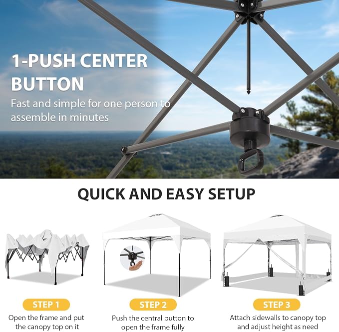 10x10FT Canopy Tent, 1-Button Push Instant Pop Up Canopy with 4 Sandbags, Easy Setup Outdoor Gazebo Shelter (White, 10x10 with PVC Sidewalls)